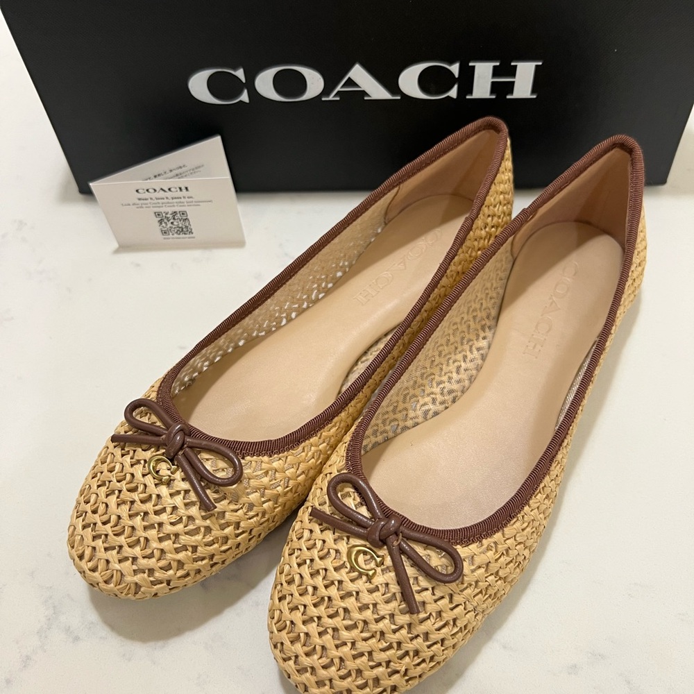 Coach Tan and Brown Flats with Classic Bow Detail - Picture 1 of 10